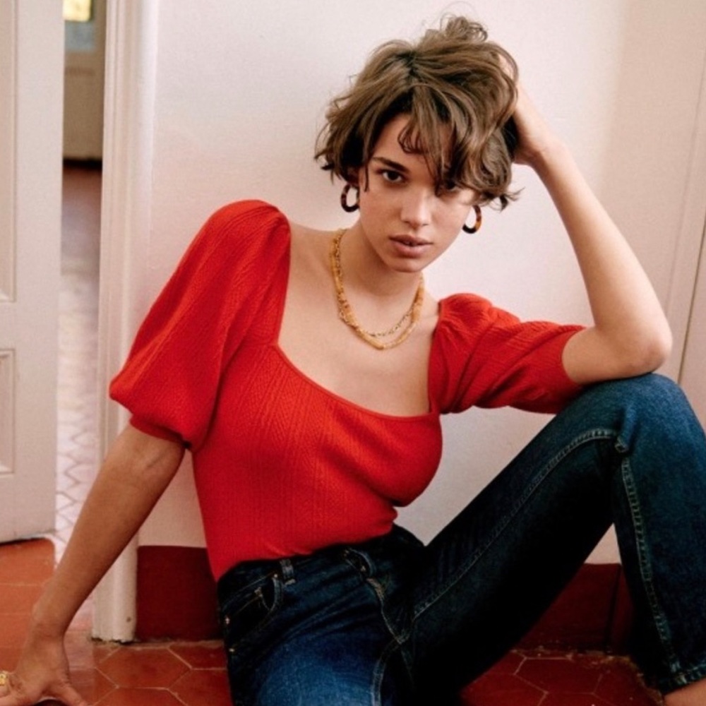 Sezane Red Puff Sleeve Sweater